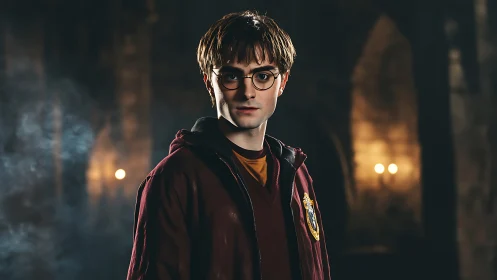 Young male in maroon robe within dim stone interior.