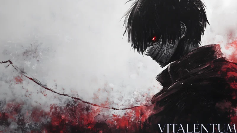 Masked red-eyed figure amid desaturated blood mist field.