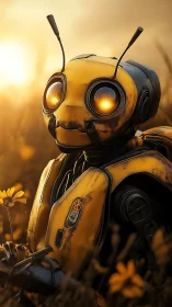 Anthropomorphic bee-inspired robot gazes at sunset in meadow