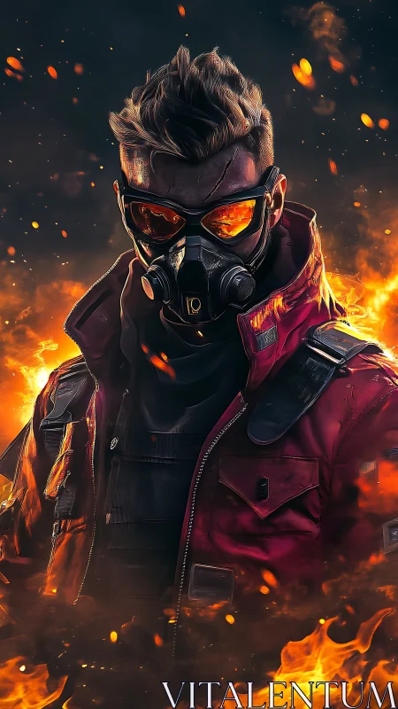 Post-apocalyptic fire operative in red tactical jacket portrait.
