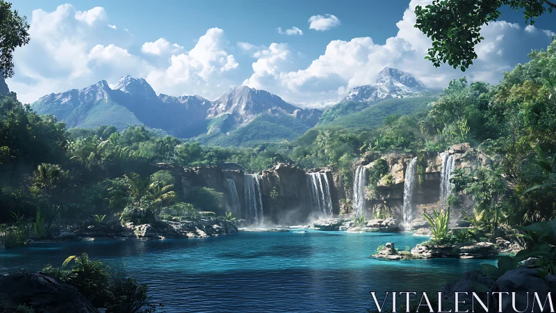 Verdant waterfall lagoon beneath crystal alpine peaks.