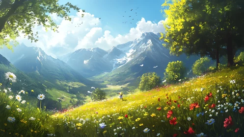 Sunlit meadow daydream under towering whispering peaks.