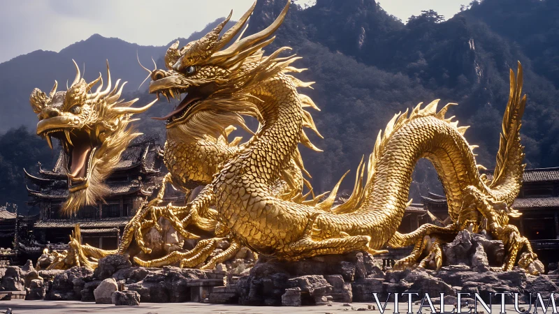 Golden twin dragon colossus coiling over misty temple rocks.
