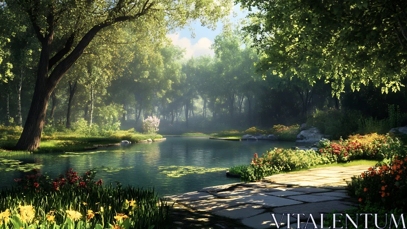 Digital painting woodland pond with luminous botanical foreground.