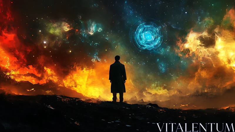 Solitary observer against bifurcated cosmic nebula vortex field.