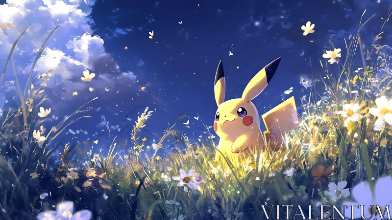 Playful Pikachu exploring a sunny wildflower meadow.