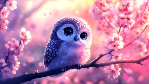 Adorable baby owl on cherry blossom branch in dreamy pastel art.