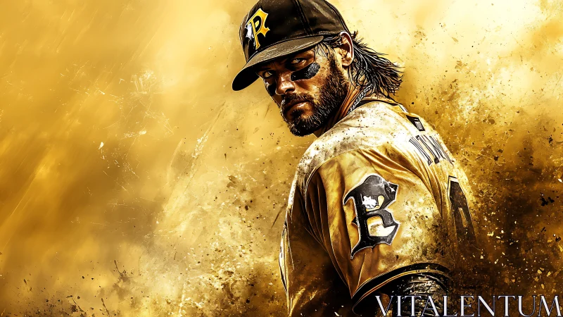 Dynamic baseball portrait uses splatter compositing and golden palette