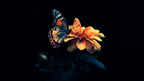 Macro-lit butterfly interfacing with dahlia under dark field.