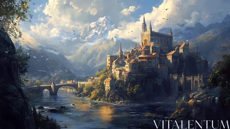 Sunlit river citadel rises beneath towering alpine peaks