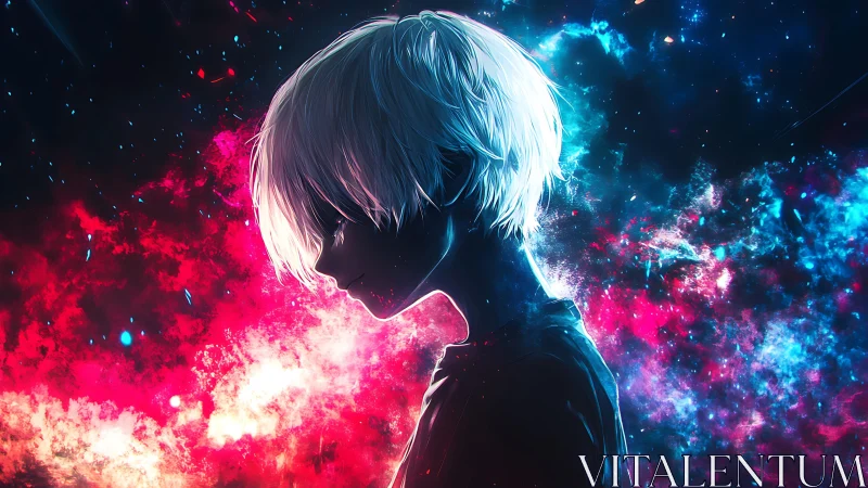 Stargazer silhouette cuts neon cosmos in electric contrast.