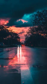 Neon rainroad under electric sunset and brooding clouds.
