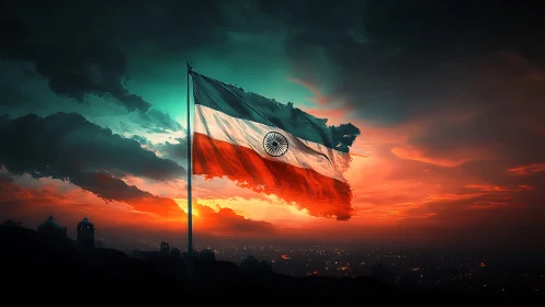 Indian flag over dark city skyline at vivid sunset sky.