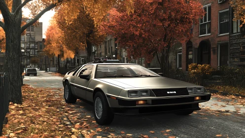 Stainless steel DeLorean coupe parked on urban autumn street