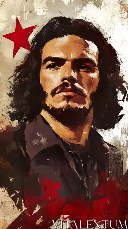 Revolutionary portrait under red star in bold brushstrokes.