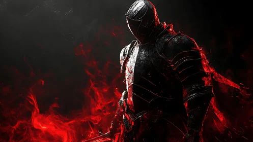 Dark armored knight emerges from swirling red flames.