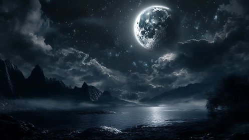Moonlit abyss above misty mountains and silver tidal hush.