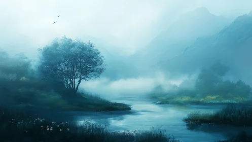Misty river valley dreams beneath whispering blue mountains.