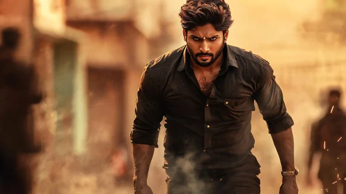 Intense man strides forward through dusty sunlit alley