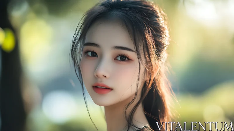 Softly lit portrait of a young woman in dreamy greenery.