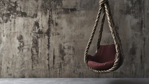 Rope swing chair hangs against worn concrete textured wall