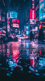Neon soaked city street in rainfall with shallow depth of field