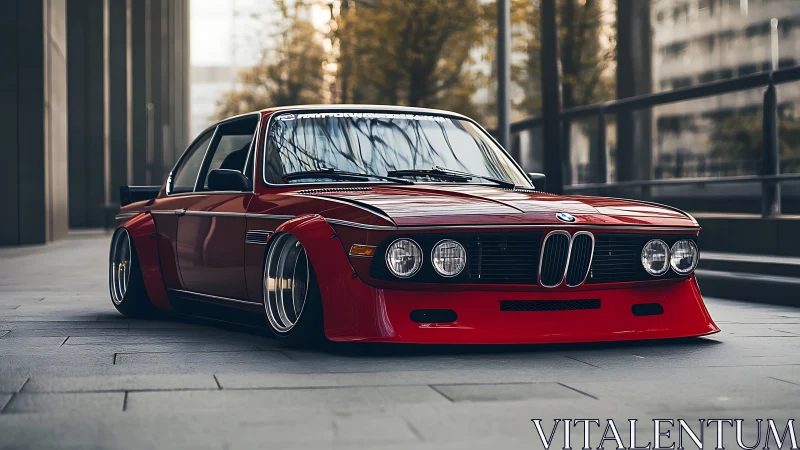 Sleek classic red BMW coupe rests low in a modern city lane