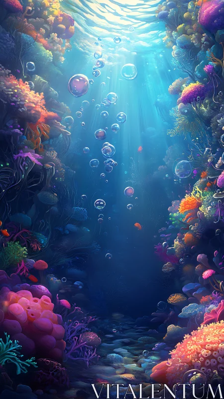 Sunlit bubble column ascends through iridescent coral canyon