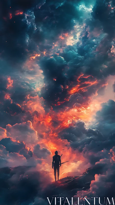 Digital painting of lone warrior beneath apocalyptic nebula skies.