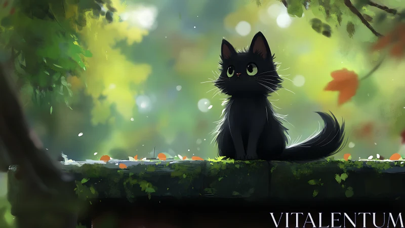 Black cat with luminous eyes sits alert on moss-covered platform