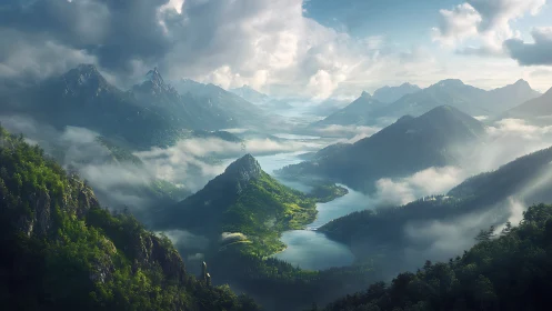 Sunlit alpine valley with misted lakes and layered peaks