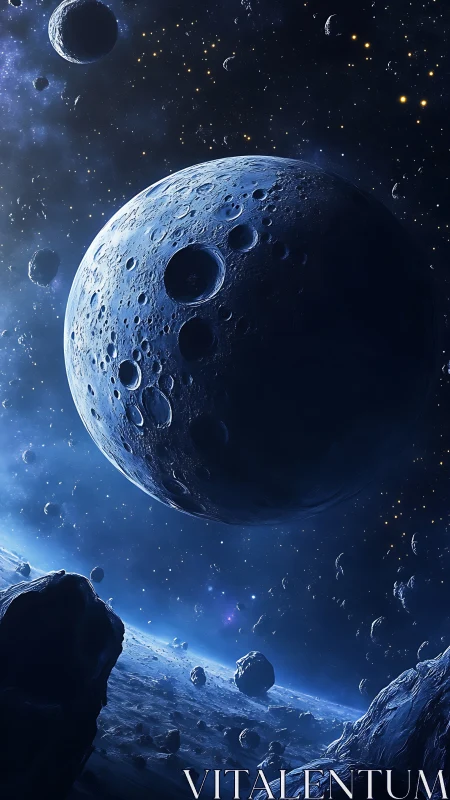 Cratered blue planet above dense icy asteroid field.