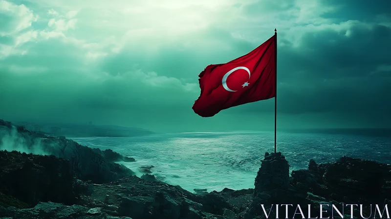 Turkish flag on coastal cliff under storm-lit cyan atmospheric sky