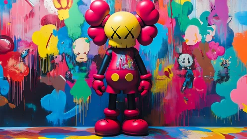 Pop vinyl figure before neon graffiti splatter wall.