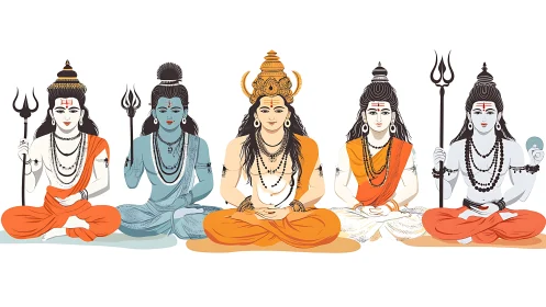 Sacred row of meditative Hindu deities radiates serene power