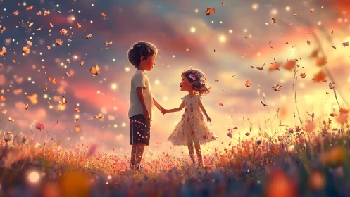 Two Children Dancing Through Golden Petals in Enchanted Meadow.