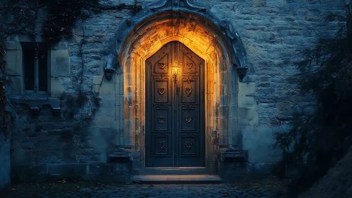 Midnight stone archway glows around a secretive blue door.