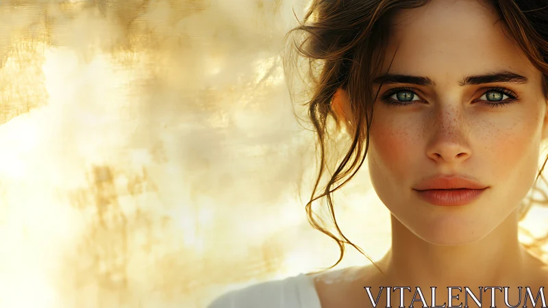 Close cropped female portrait against soft golden backdrop.