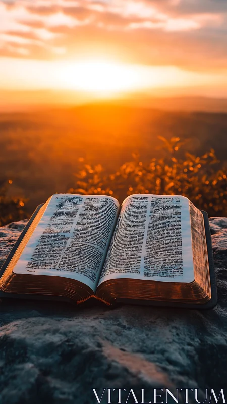 Open bible on rocky surface against low sunset horizon.