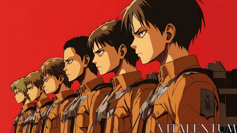 Scarlet skyline of solemn cadets in unwavering profile.