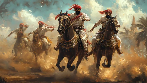 Gallant riders charge through dust and sunlit desert skies.