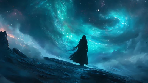 Solitary figure beneath swirling teal cosmic vortex.