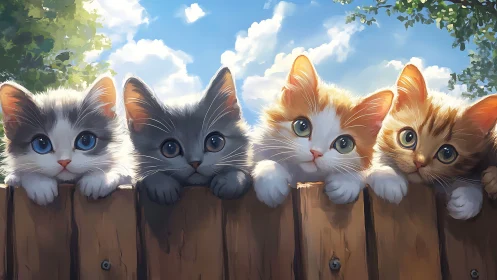Four Kittens Perched on Wooden Fence Under Sunlit Sky