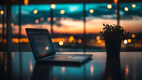 Laptop glows on modern desk under warm sunset bokeh lights.