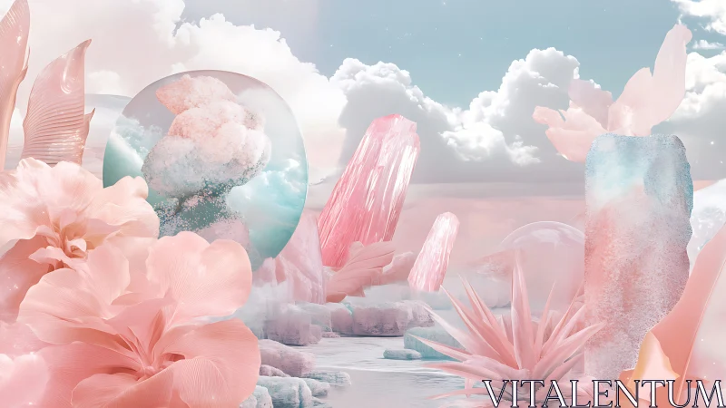 Pastel crystal lagoon with ethereal floral formations.