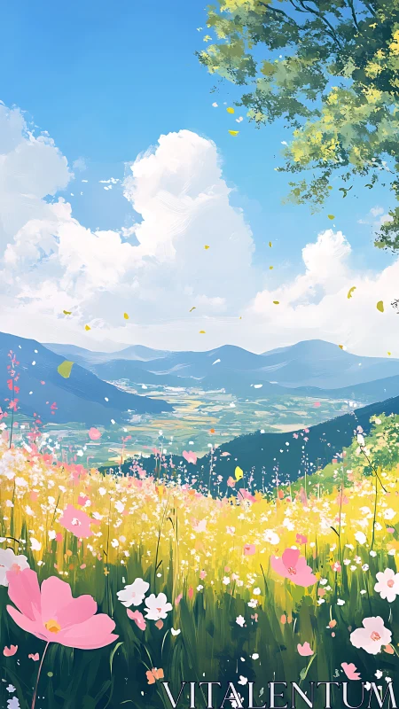 Atmospheric perspective meadow with stylized alpine valley vista.