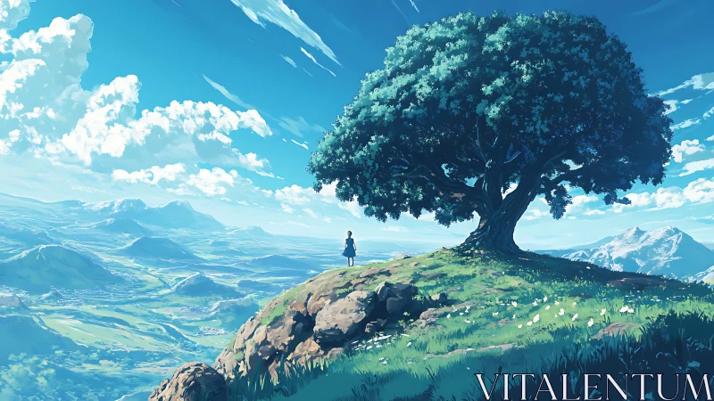 Solitary girl beneath sprawling hilltop tree at horizon.