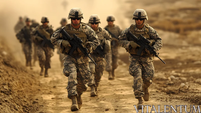 Dusty trail soldiers moving forward with focused resolve.