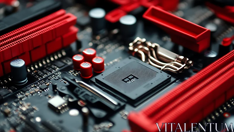 High-detail motherboard closeup shows CPU socket and red slots