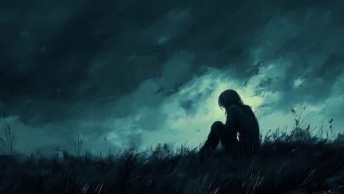 Solitary figure on windswept hill under stormy sky.